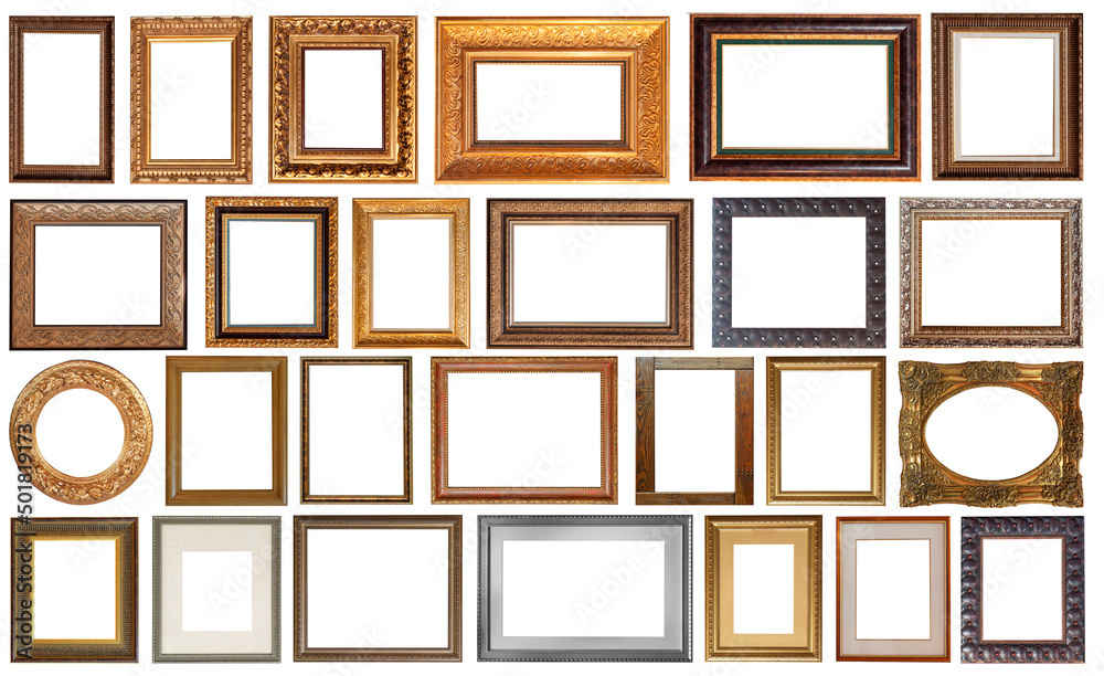 set of isolated antique frames gold gilding Silver on a white background set of isolated antique frames gold gilding Silver on a white background