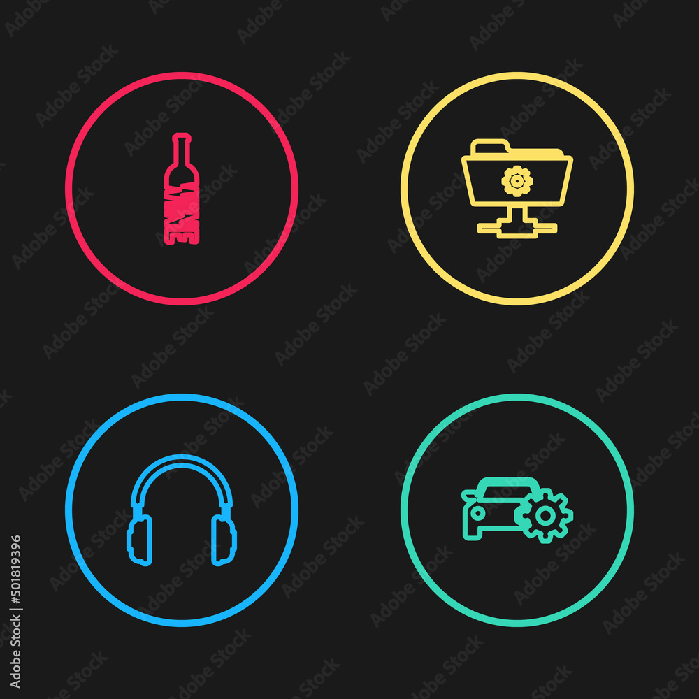 Set line Headphones, Car service, FTP settings folder and Bottle of wine icon. Vector Set line Headphones, Car service, FTP settings folder and Bottle of wine icon. Vector