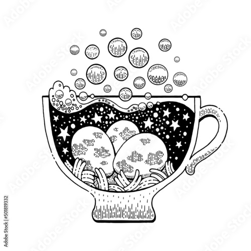 Cup with potion. Witch magic glass cup. Vintage mystic logo with perfume, elixir, poison, arcanum. Sketch science icon. Engraved pharmacy art. Medicine celestial witchcraft. Modern potion with egg