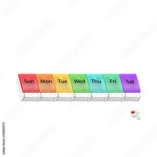 Illustration of Plastic Pharmacy Organizer for Pills for Each Day of the Week on White. A Weekly Medicine Dispenser