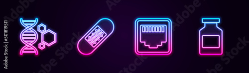 Set line Genetic engineering, Bandage plaster, Network port cable socket and Medicine bottle. Glowing neon icon. Vector