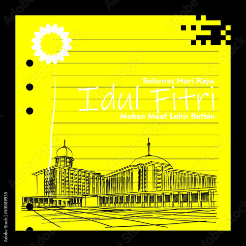 Happy Eid Al-Fitr greeting card with iIndonesian text, Mosque sketch illustration photo