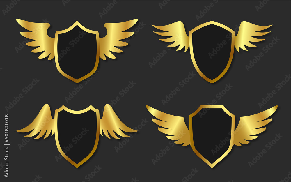 Obraz premium Shield wing metal banner emblem gold flat set. Elegant military emblem protection security badge. Award high quality royal dynasty coat arms. Retro safe shape template heraldry medieval isolated