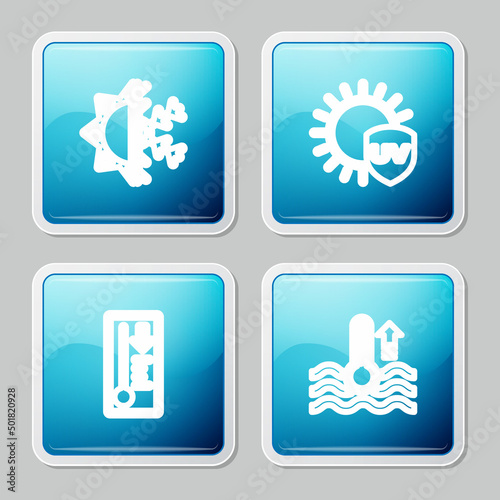 Set line Sun and snowflake, UV protection, Meteorology thermometer and Water icon. Vector
