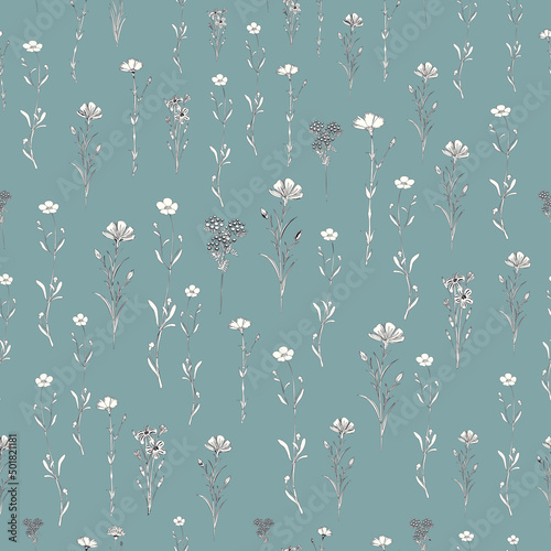 White outline flowers with black outline. Seamless pattern.Design textile.