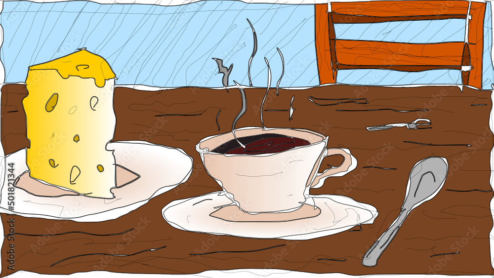 Café e queijo na mesa, café da manhã