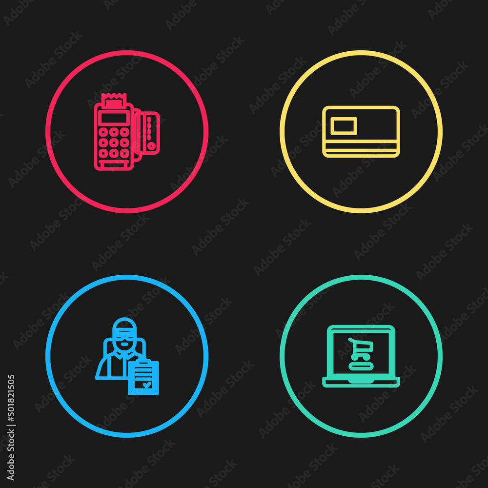 Set line Delivery man with cardboard boxes, Shopping cart on laptop, Credit and POS terminal credit icon. Vector Set line Delivery man with cardboard boxes, Shopping cart on laptop, Credit and POS terminal credit icon. Vector