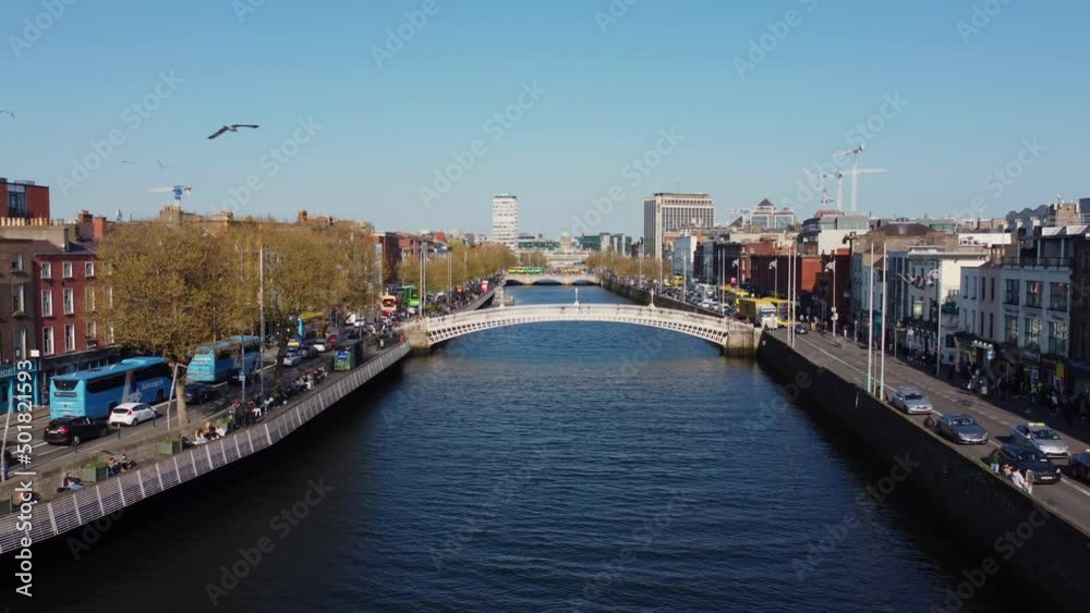 Famous Ha Penny Bridge in Dublin from above - drone footage Famous Ha Penny Bridge in Dublin from above - drone footage