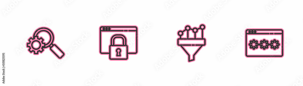 Set line Magnifying glass and gear, Sales funnel with chart, Secure your site HTTPS, SSL and Password protection icon. Vector Set line Magnifying glass and gear, Sales funnel with chart, Secure your site HTTPS, SSL and Password protection icon. Vector