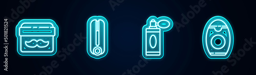 Set line Cream or lotion cosmetic jar, Curling iron for hair, Aftershave bottle with atomizer and Bottle of shampoo. Glowing neon icon. Vector