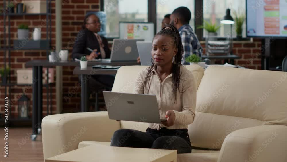 Business woman working on financial project review, using laptop to plan executive marketing presentation. Female employee analyzing company sales statistics in startup office. Business woman working on financial project review, using laptop to plan executive marketing presentation. Female employee analyzing company sales statistics in startup office.
