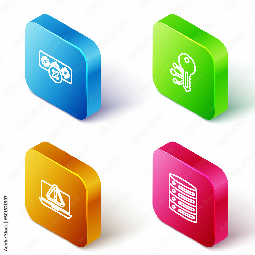 Set Isometric line Password protection, Cryptocurrency key, Laptop with exclamation mark and Server, Data, Web Hosting icon. Vector Set Isometric line Password protection, Cryptocurrency key, Laptop with exclamation mark and Server, Data, Web Hosting icon. Vector