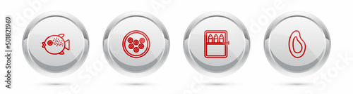Set line Puffer fish, Caviar on a plate, Canned and Mussel. Silver circle button. Vector
