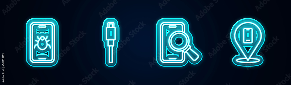 Set line System bug on mobile, USB cable cord, Phone repair service and . Glowing neon icon. Vector Set line System bug on mobile, USB cable cord, Phone repair service and . Glowing neon icon. Vector
