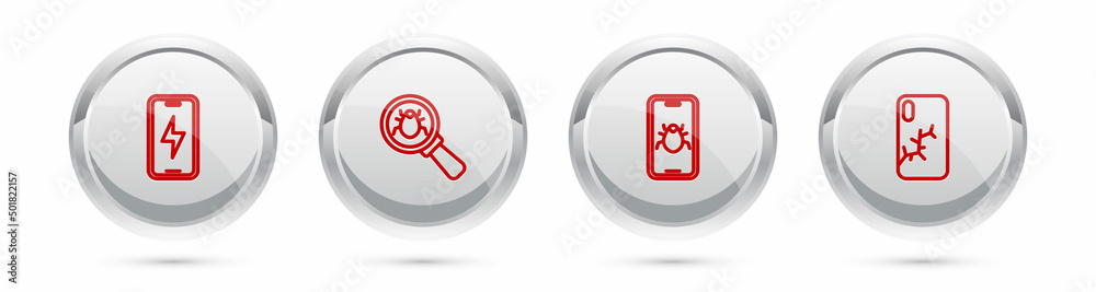 Set line Mobile charging battery, System bug, on mobile and with broken screen. Silver circle button. Vector Set line Mobile charging battery, System bug, on mobile and with broken screen. Silver circle button. Vector