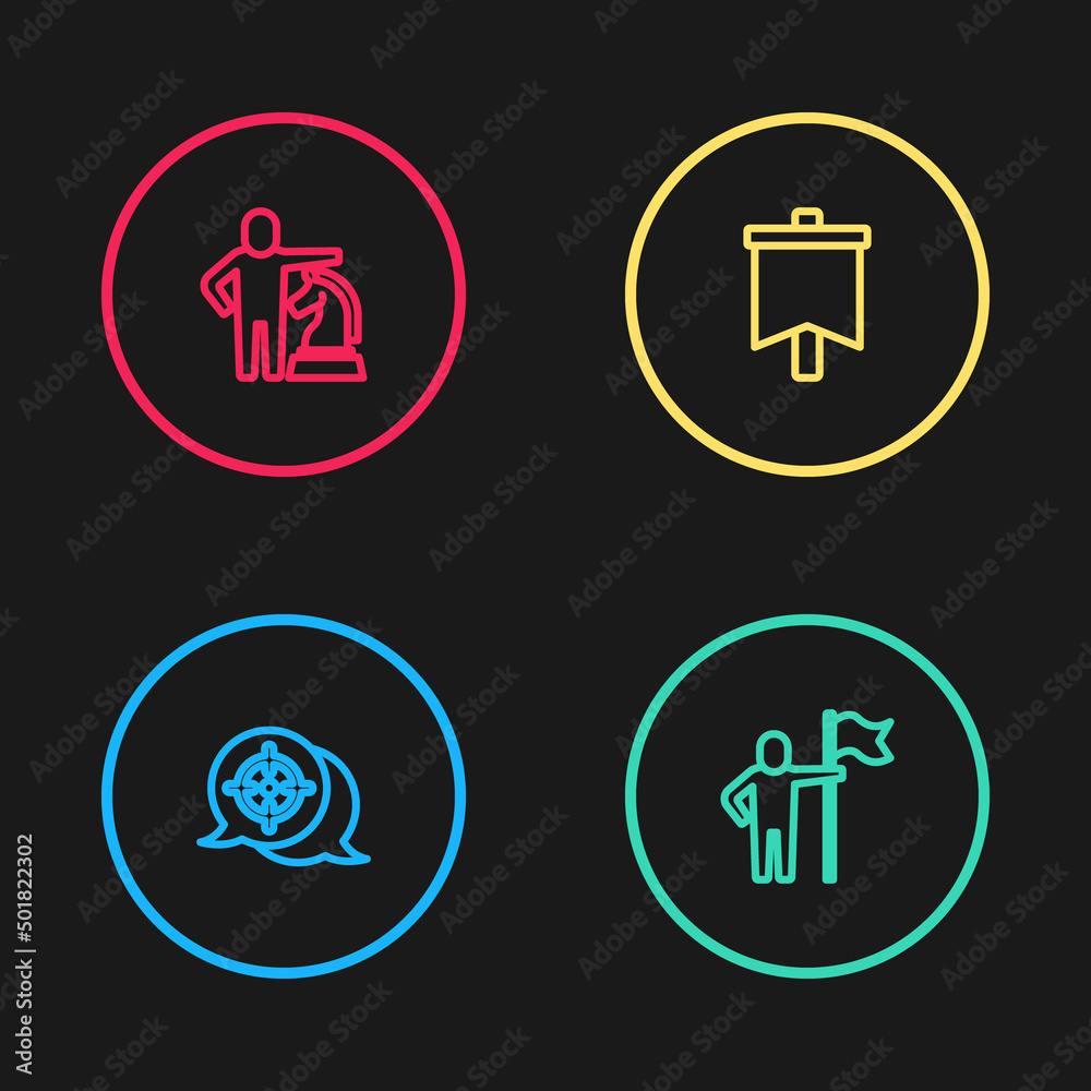 Set line Target, Man holding flag, Flag and Chess icon. Vector Set line Target, Man holding flag, Flag and Chess icon. Vector