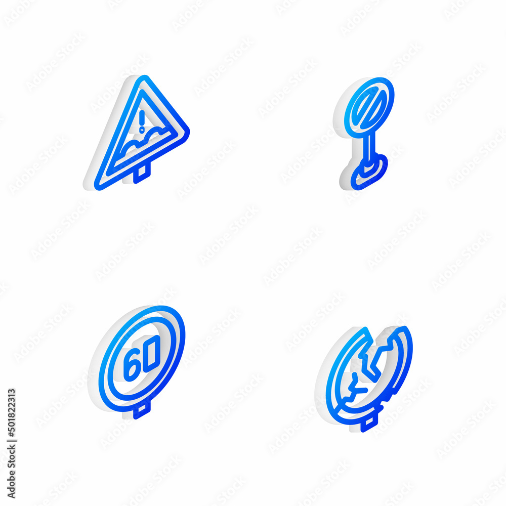 Set Isometric line Stop sign, Uneven road ahead, Speed limit traffic and Road icon. Vector Set Isometric line Stop sign, Uneven road ahead, Speed limit traffic and Road icon. Vector