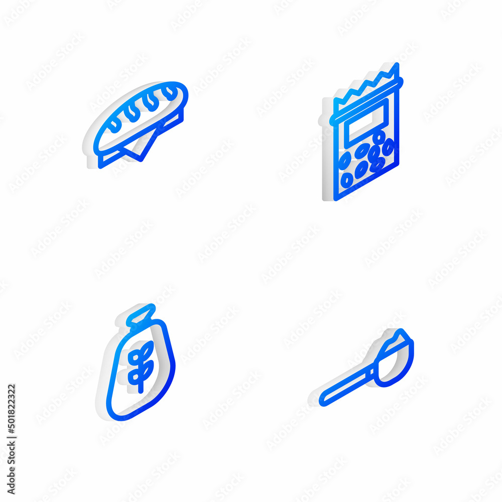 Set Isometric line Pack full of seeds of plant, Bread loaf, Bag flour and Measuring cup with icon. Vector