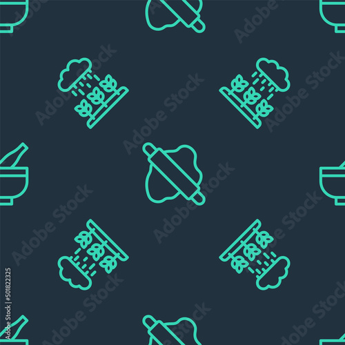 Set line Rolling pin on dough, Plant sprouts grow the rain and Mortar and pestle on seamless pattern. Vector