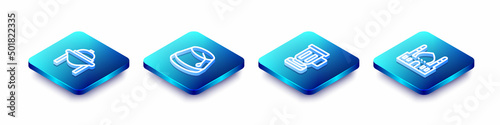 Set Isometric line Table food, Turkish hat, Medieval goblet and Muslim Mosque icon. Vector