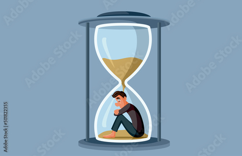 Sad Depressed Man Sitting in an Hourglass Vector Cartoon Illustration