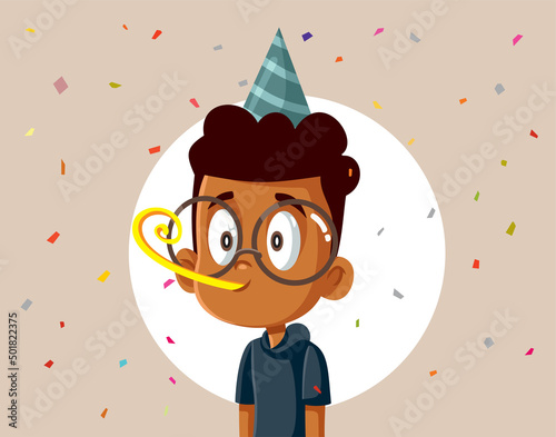 Celebrating Little Boy Blowing Party Whistle Vector Cartoon Illustration
