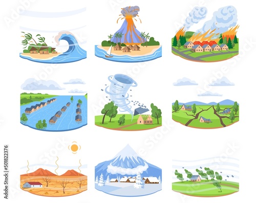 Natural disaster concept. Environmental disasters, floods, volcanic eruption, forest fire, tsunami, avalanche, wind, global warming and whirlwind. Cartoon flat vector set isolated on white background