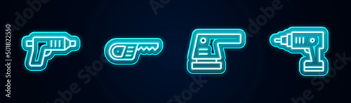 Set line Electric cordless screwdriver, Reciprocating saw, sander and . Glowing neon icon. Vector