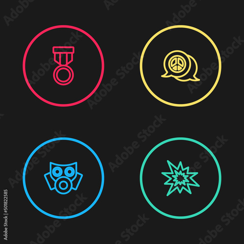 Set line Gas mask, Bomb explosion, Peace and Military reward medal icon. Vector