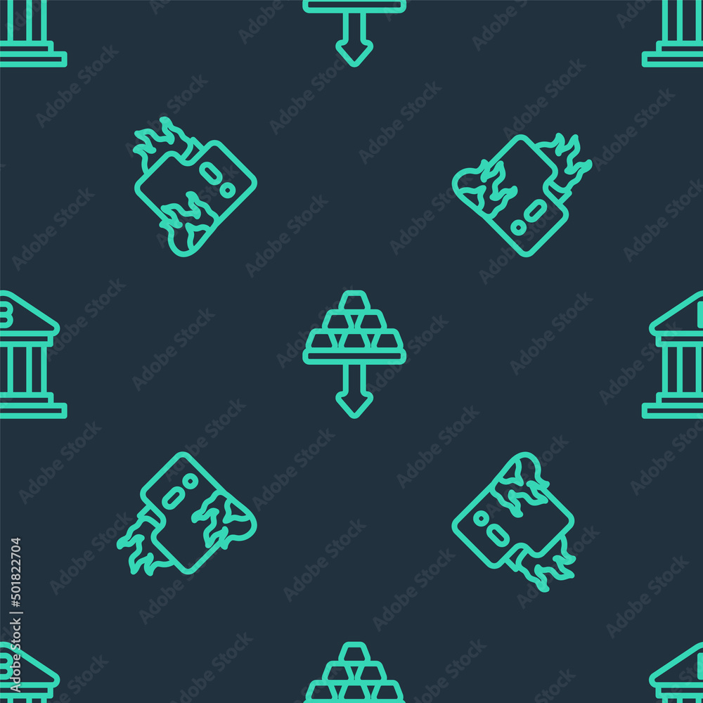 Set line Gold bars, Fire in burning house and Bank building on seamless pattern. Vector