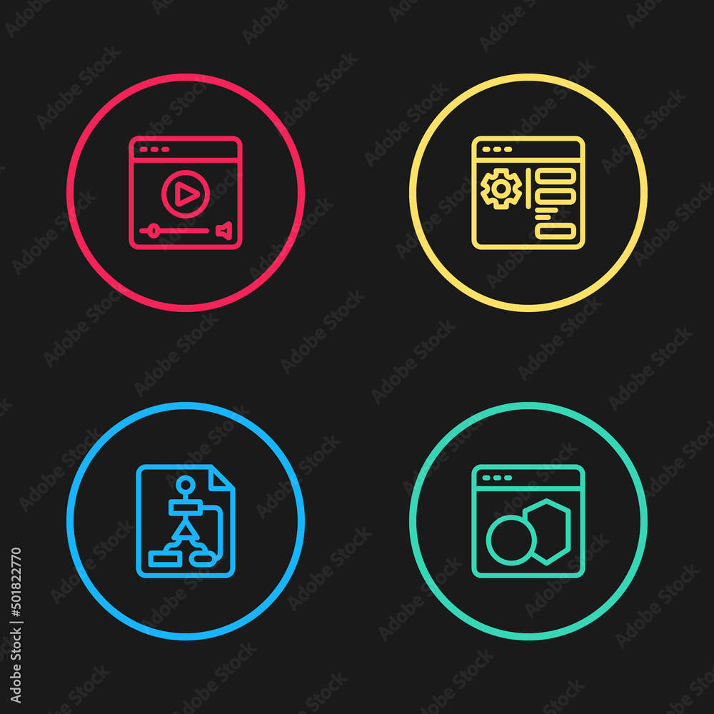 Set line Flowchart, Software, Browser setting and Online play video icon. Vector Set line Flowchart, Software, Browser setting and Online play video icon. Vector