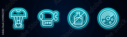 Set line Parachute, Airship, No alcohol and Radar with targets on monitor. Glowing neon icon. Vector