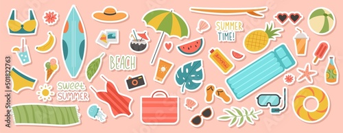 Colorful set of summer stickers. Bright decorations for diary. Swimsuit, sunglasses, umbrella, watermelon, pineapple, ice cream and camera. Cartoon flat vector collection isolated on pink background