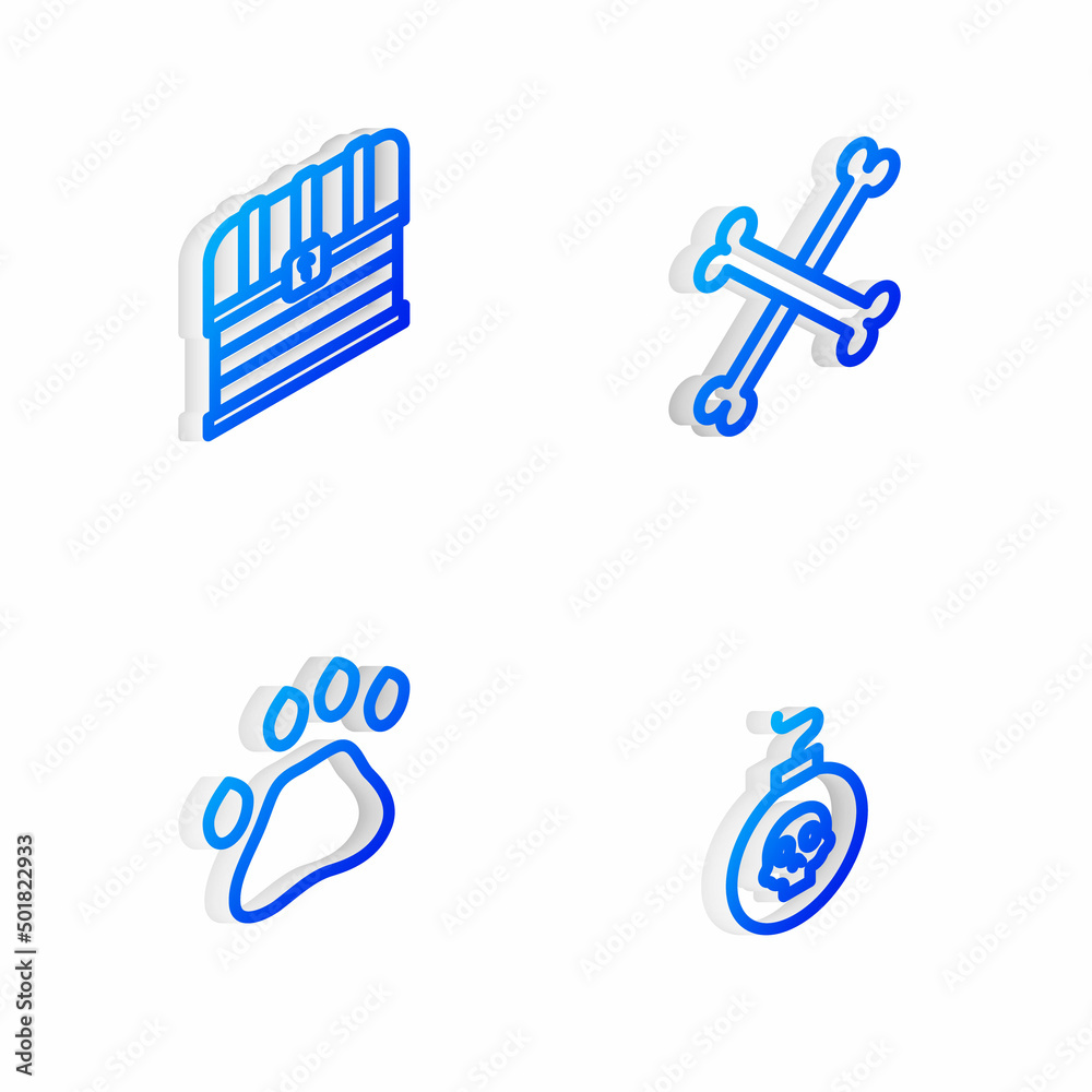 Set Isometric line Crossed human bones, Chest, Bear paw footprint and Bomb ready to explode icon. Vector Set Isometric line Crossed human bones, Chest, Bear paw footprint and Bomb ready to explode icon. Vector