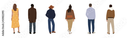 Set of People Stand in Row Back View. Young men and women in stylish clothes walking forward. Backs of young teenagers or adults. Cartoon modern flat vector collection isolated on white background