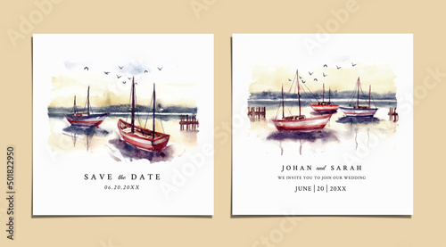 Watercolor wedding invitation of sunset nature landscape with harbor and boat 