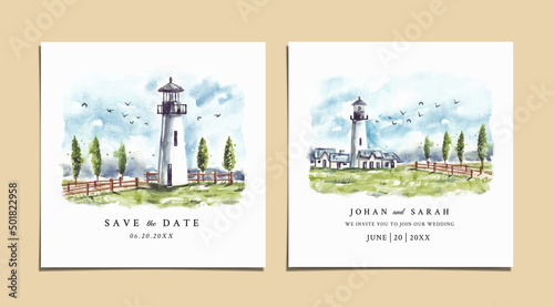 Watercolor wedding invitation of nature landscape with lighthouse and fence 