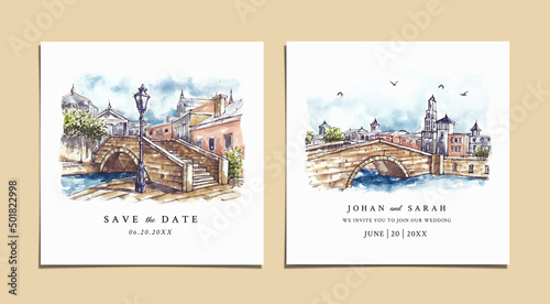 Watercolor wedding invitation of stone bridge and lamp post 