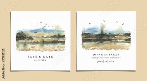 Watercolor wedding invitation of savannah nature landscape 