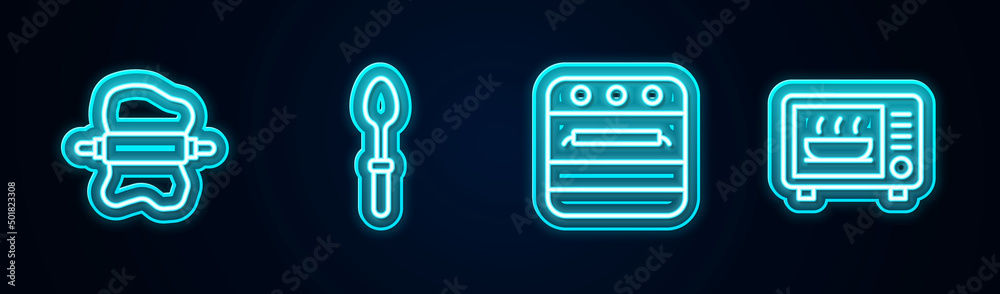 Set line Rolling pin on dough, Teaspoon, Oven and Microwave oven. Glowing neon icon. Vector Set line Rolling pin on dough, Teaspoon, Oven and Microwave oven. Glowing neon icon. Vector