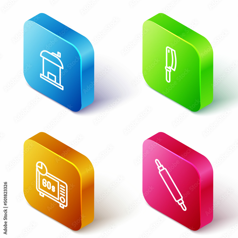Set Isometric line Manual coffee grinder, Meat chopper, Microwave oven and Rolling pin icon. Vector Set Isometric line Manual coffee grinder, Meat chopper, Microwave oven and Rolling pin icon. Vector
