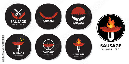 grilled sausage logo vector symbol, barbecue meat, retro concept