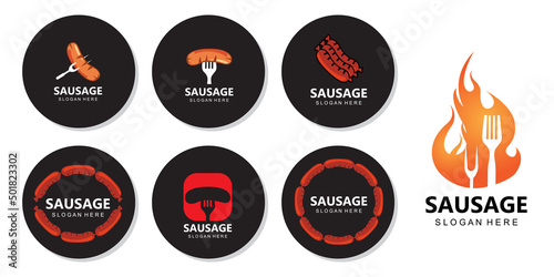 grilled sausage logo vector symbol, barbecue meat, retro concept