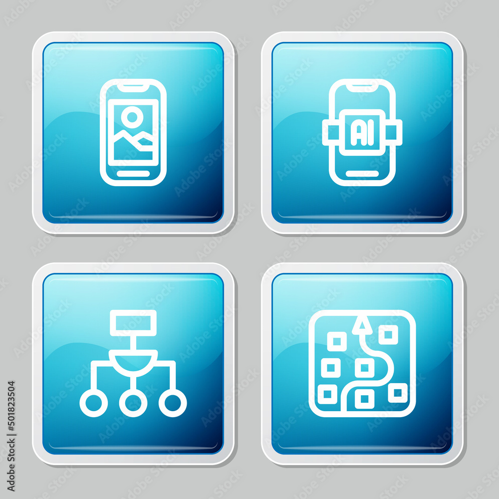 Set line Mobile phone, Artificial intelligence AI, Algorithm and Neural network icon. Vector Set line Mobile phone, Artificial intelligence AI, Algorithm and Neural network icon. Vector