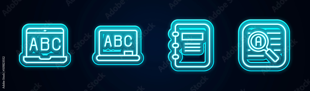 Set line Foreign language online study, Chalkboard, Notebook and Translator. Glowing neon icon. Vector Set line Foreign language online study, Chalkboard, Notebook and Translator. Glowing neon icon. Vector