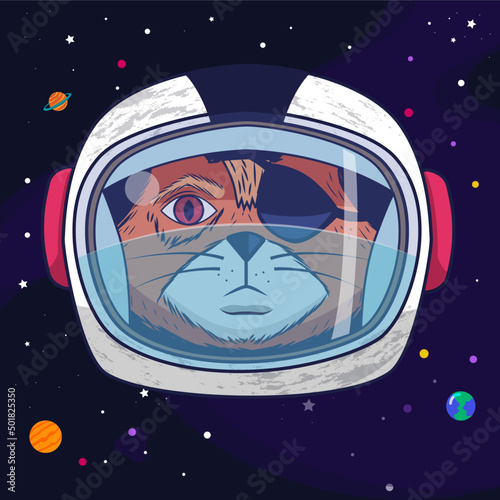 Sad Cat looks at the sky with his space helmet with stars and planets as background. 