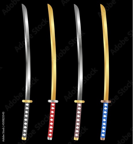 Vector illustration set of katana for battle, luxury design elements, games, logos. Samurai, kingdom theme