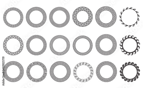 Circle greek frames. Round meander borders. Decoration elements patterns. Vector illustration isolated on white background. photo