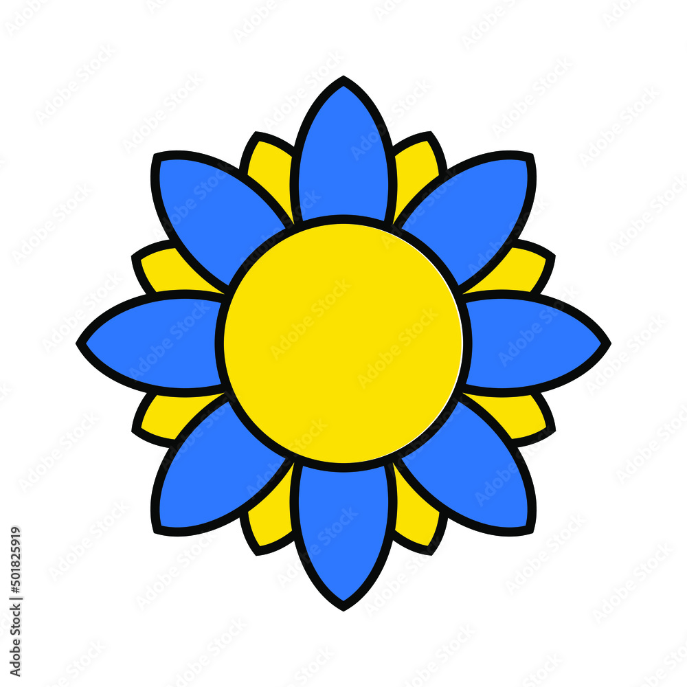 Ukrainian sunflower illustration. Ukrainian flower icon in yellow and blue colors isolated on white background. Vector EPS 10