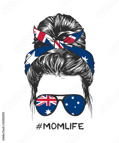 Messy bun hairstyle with Australian flag headband and glasses, vector illustration